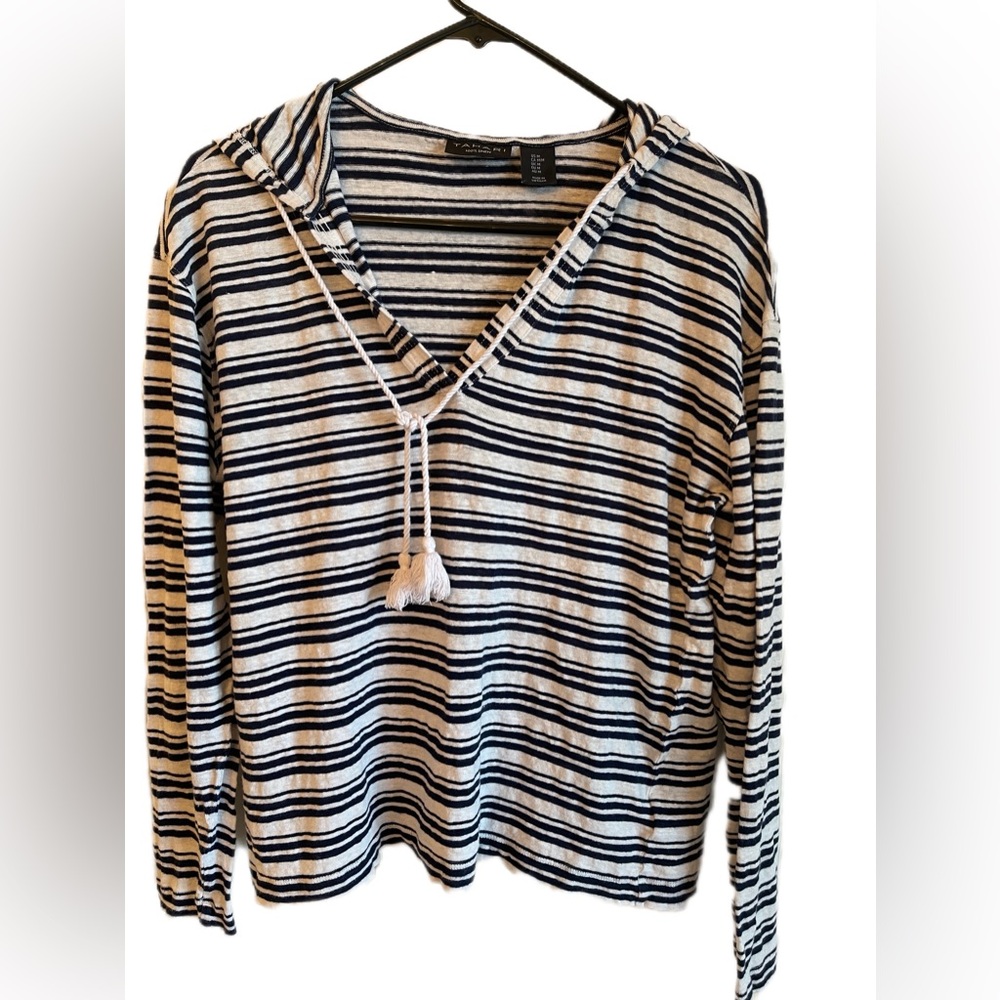 Tahari Navy and White Striped Linen Top Size Medium